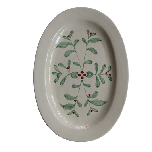 Hand-Painted Stoneware Platter with Mistletoe, Green & Red